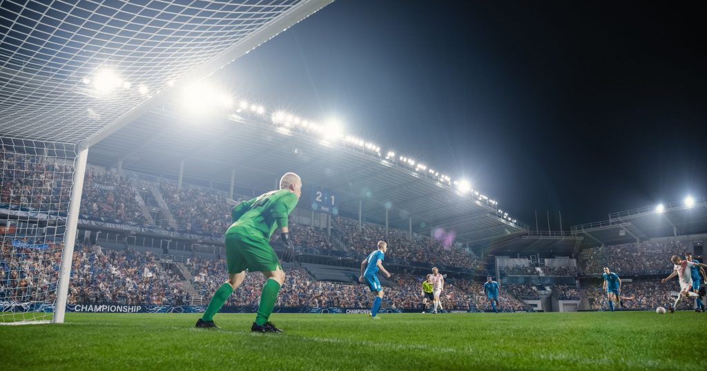 a goalkeeper looking at the playing football players